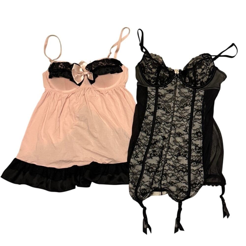 Victoria’s Secret Women's Bustier Lingerie Top Pink Black Lace Size 34B Lot of 2